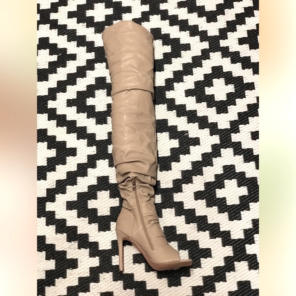 Pazzle Victoria Over The Knee Taupe Faux Leather Ruched Stiletto Thigh High Boot - Picture 5 of 9